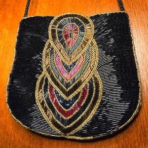 La Regale Black Beaded Purse with Multicolor Teardrop Design